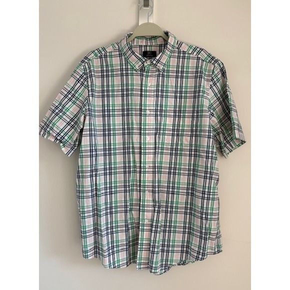 George Other - George Mens Classic Fit Short Sleeve Plaid Button Down Shirt‎ Green Pink Navy L